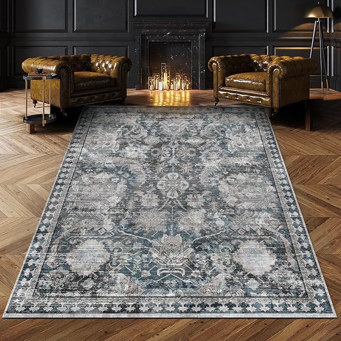 RUGSURE Washable Area Rugs - Perfect for Living Room, Bedroom, Kids Room, Nursery - Stain & Water Resistant Non-Slip, Pet & Child Friendly, Vintage Tribal Area Rugs (Grey and Blue, 4' x 6')