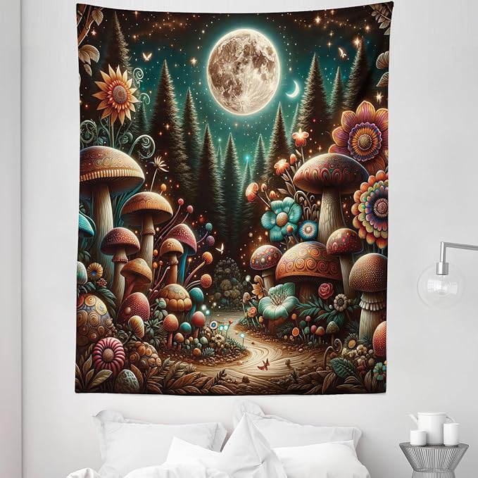 Ambesonne Aesthetic Tapestry Twin Size, Colorful Psychedelic and Traditional Detailed Mushrooms Night Forest, Wall Hanging Bedspread Bed Cover Wall Decor, 68" X 88", Dark Teal Purple Orange