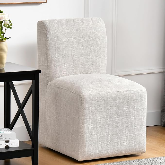DUHOME Upholstered Dining Chair with Casters - Set of 4, Armless Modern Rolling Linen Dining Chairs with Wheels for Dining, Bedroom, Reading, Living Room
