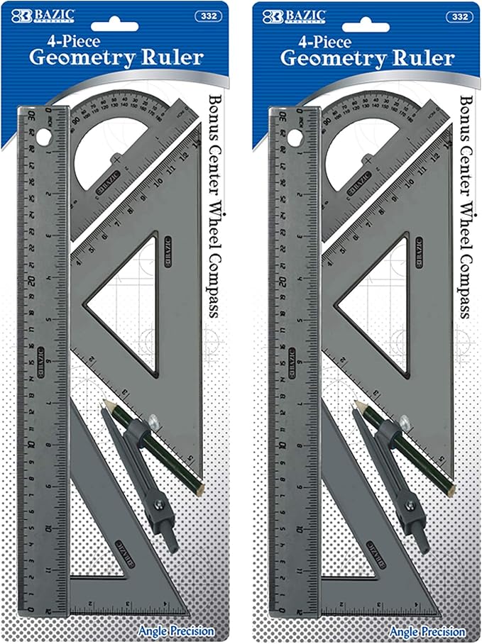 BAZIC Products Math Geometry Set 4 Pieces, Compass, Protractor, Ruler, 2 Triangle Rulers, Plastic Clear Measuring Sets for Students Professional, 2-Packs