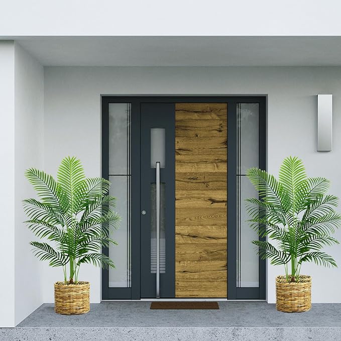 2 Pack Artificial Palm Tree 4FT Artificial Plants Indoor Tropical Fake Palm Tree Areca Floor Plant in Black Pot with 13 Trunks & Real Bark Design, Faux Palm Plant for Outdoor Patio Home Office Decor