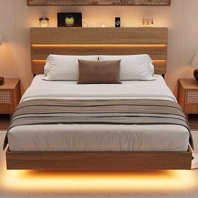 Full Size Bed with Charging Station, Floating LED Bed Frame with Wood Storage headboard, Heavy Duty Metal Slats, No Box Spring Needed, Noise Free, Easy Assembly, Walnut