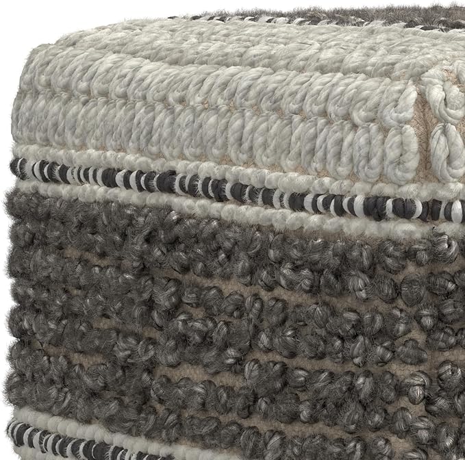 SIMPLIHOME Grady Square Pouf - 18 inch Wide Wool and Cotton Handloom Woven Ottoman in Earth Tone Brown, Contemporary Footstool or Extra Seating for Living Room with Polystyrene Bead Filling, Assembled
