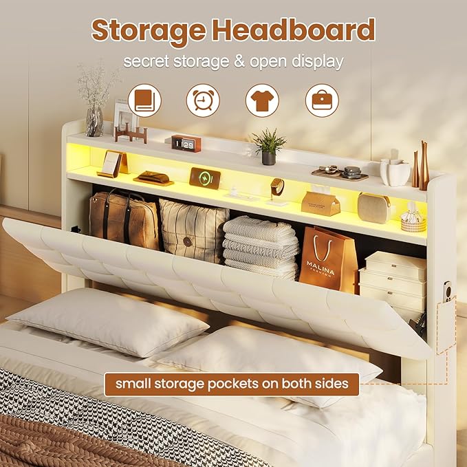 ADORNEVE Lift Up Storage Queen Bed Frame with LED Lights, Hidden Storage Headboard and Charging Station, Upholstered Platform Bed, LED Bed with Hydraulic, No Box Spring Needed, Creamy White