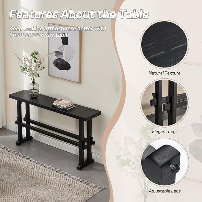 Kmax Entryway Table, 59 inchs Wood Farmhouse Console Table Boho Hallway Table Rustic Couch Table Behind Sofa for Outdoor Entrance Living Room - Black