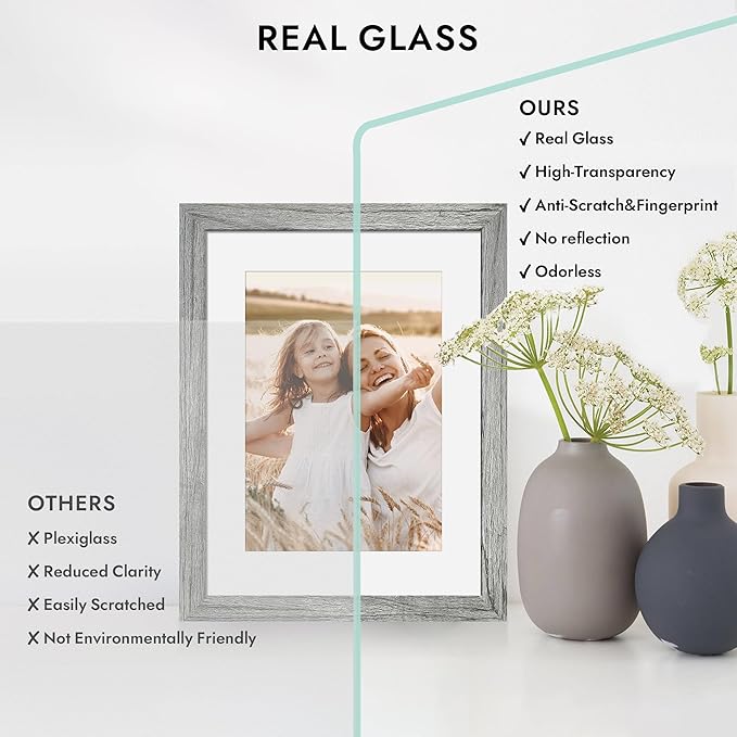 11x14 Picture Frame with Real Glass - 8x10 Wooden Frame with Mat, Horizontal and Vertical Display for Wall or Tabletop (Grey, 1 Pack)