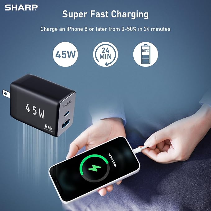 Sharp USB C Charger 45W 2 Port (USB A+C) Compact Foldable GaN Fast Charge for iPhone 15/15 Plus/15 Pro/15 Pro Max/14 Galaxy Pixel 4/3 iPad/iPad Mini - Black G451A1CU-BLK