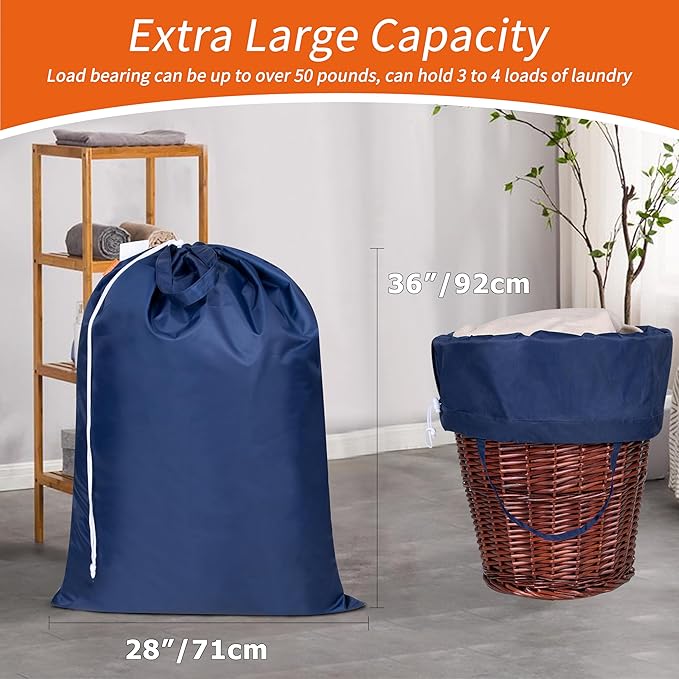 Polecasa Extra Heavy Duty Large Laundry Bag with Sturdy Handles and Drawstring Closure, 2 Pack 28 x 36 inches Durable Storage Bags for Basket, Hamper, College, Dorm, Travel, Navy