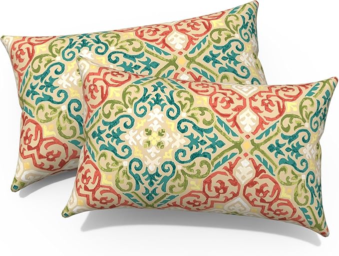 Outdoor/Indoor Lumbar Pillows, Water Repellent Cushion Pillows, 12x20 Inch, Outdoor Pillows with Inserts for Home Garden, Pack of 2, Geometric Orange
