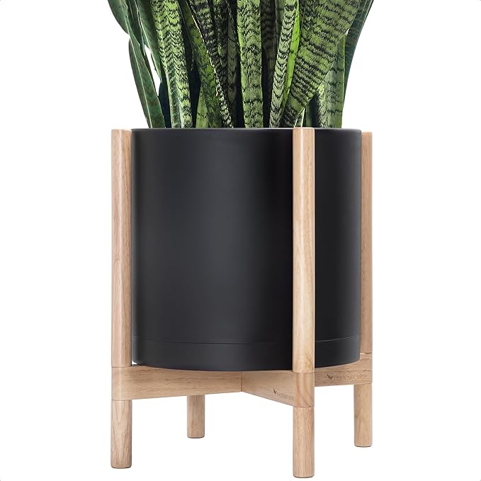 D'vine Dev Planter Pot with Stand - 14 Inch Plastic Cylinder Flower Pot with Wood Planter Holder for Indoor, Matte Black Pot + Natural Stand, 55-C-S-2