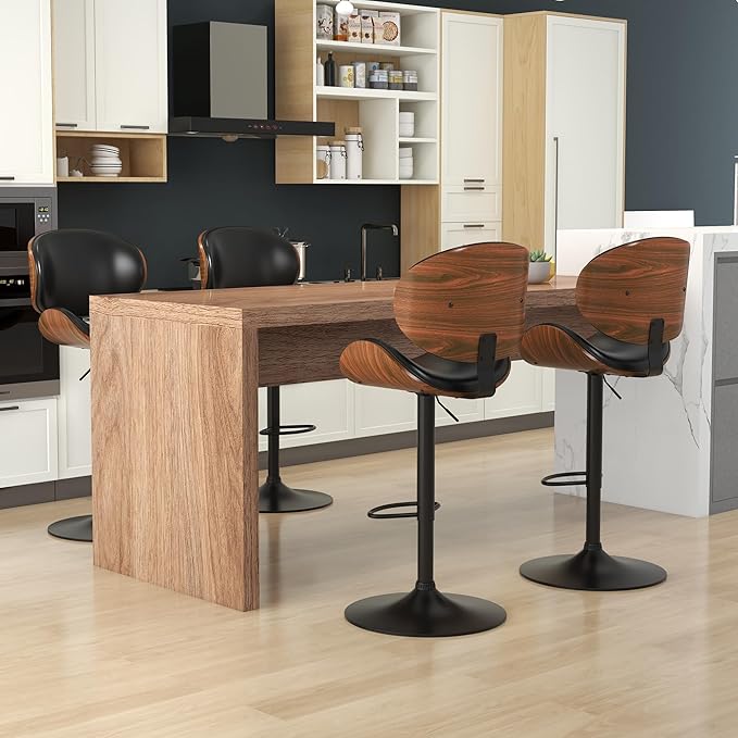 KCC Bar Stools Set of 3, Swivel Adjustable Height Barstools, PU Leather Upholstered Bar Chairs with Footrest, Bentwood Bar Stool for Kitchen, Bar, Dining Room(Black PU)