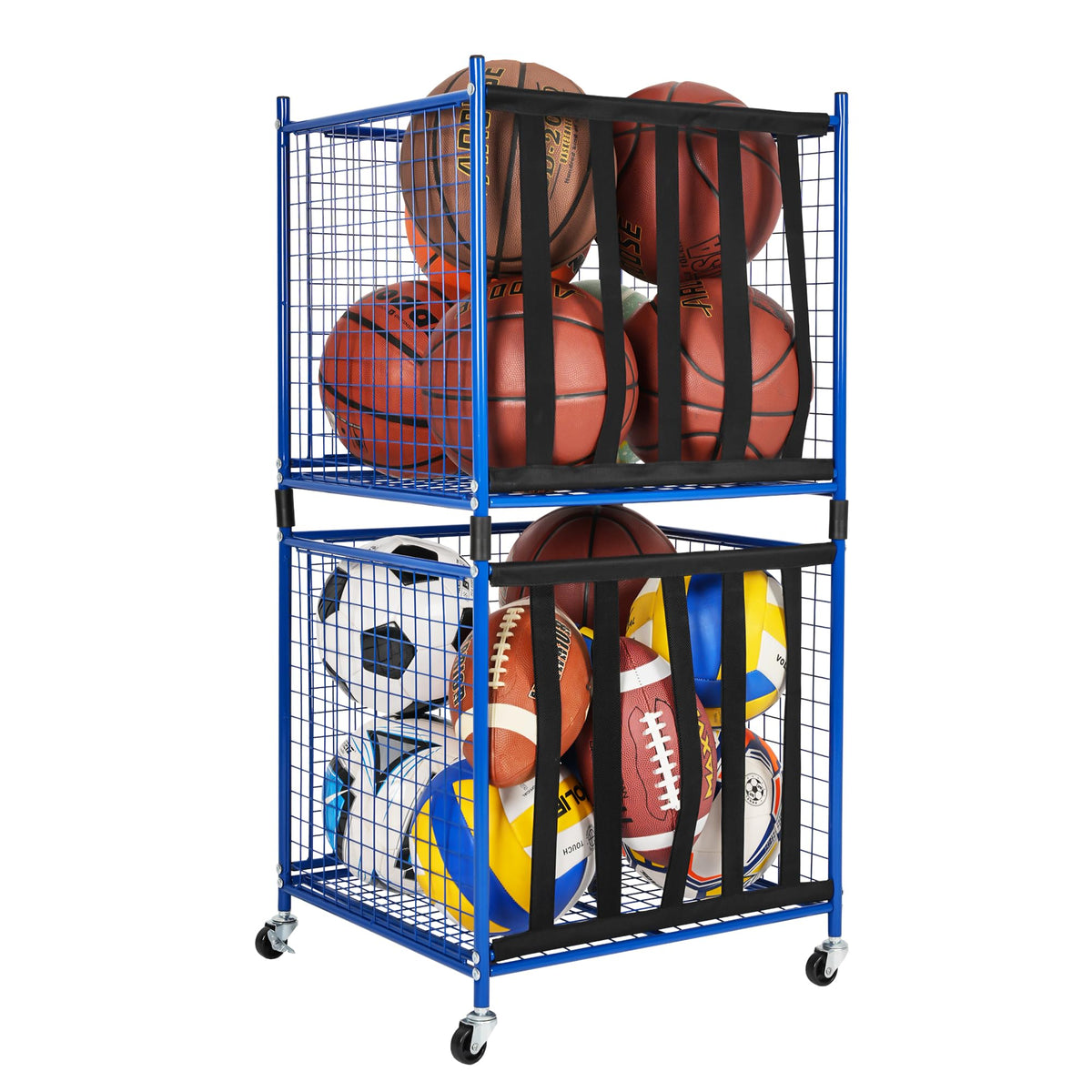 Mythinglogic Rolling Sports Ball Storage Cart, Sports Lockable Ball Storage Locker with Casters, Stackable Ball Cage for Garage Storage Garage Organizer (2 Pack Blue)