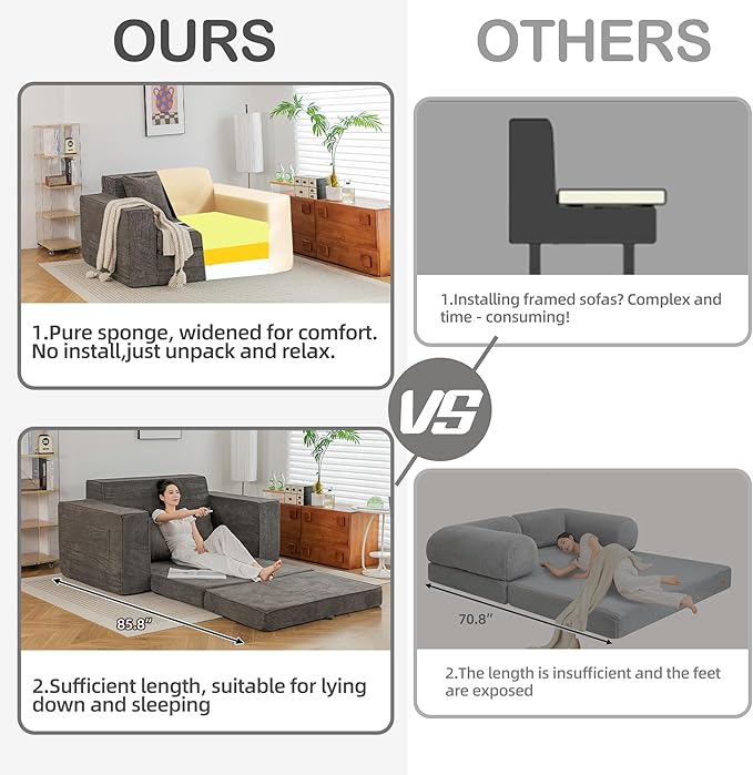 HOMREST 63" Convertible Memory Foam Loveseat Sofa, Pull Out Sleeper Sofa Bed, 2 in 1 Folding Couch Bed, Fold Out Floor Couch Corduroy Fabric with 2 Pillows for Living Room Bedroom Lounge (Grey)