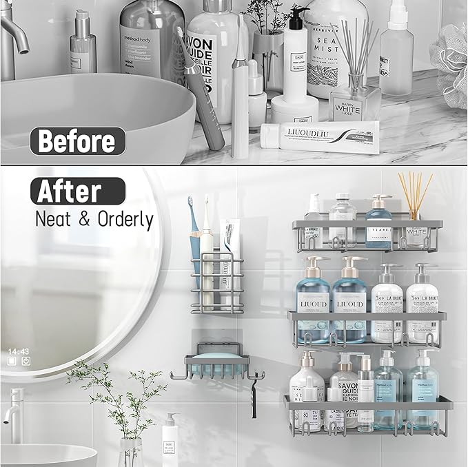 5 Pack Shower Caddy Organizer Rack Shelf for Inside Shower, Self Adhesive Bathroom Wall Storage Basket Rustproof Stainless Steel Large Capacity Shampoo Holder, Grey