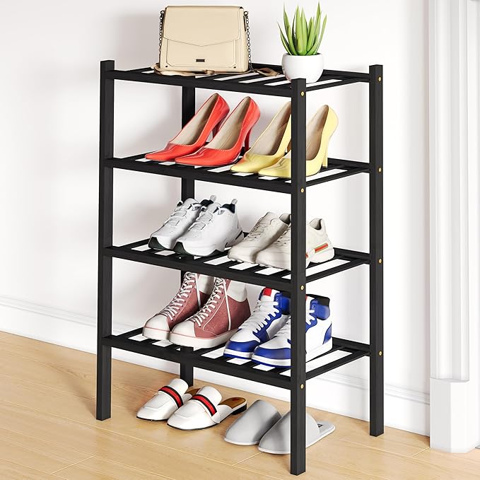 Smiry Shoe Rack, 4 Tier Small Bamboo Shoe Organizer, Stackable Free Standing Wooden Shoe Storage Shelf for Closet, Entryway, Front Door Entrance, Black
