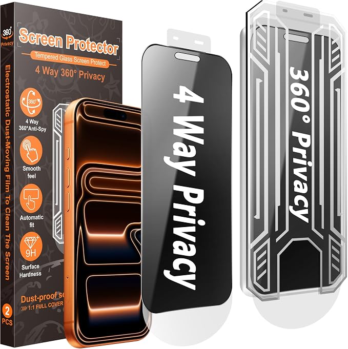 [2-Pack] 360° 4-Way Privacy Screen Protector Compatible with iPhone 17 Pro Max. Full Surround Anti-Spy 9H Hardness Anti-Fingerprint Bubble-Free. Includes Dust-Free Applicator &amp Replacement Fil