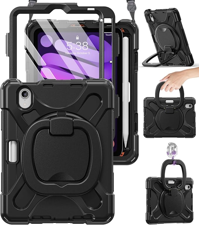 BRAECN Case for iPad mini 7 (A17 Pro) - iPad mini 7th/6th Generation Case | 8.3 Kids-Proof Protective Silicone Cover Screen Protector Pencil Holder Kickstand Handle Grip Shoulder Strap Black