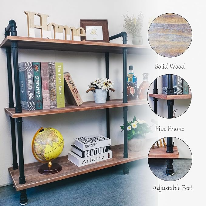 3 Tier Industrial Long Bookshelf, Entryway Industrial Metal Bookcase (Weathered Brown, 60" L x 11.8" W x 39" H)