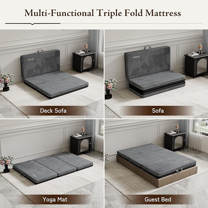 Tri Folding Mattress Twin Size - Memory Foam Tri-fold Mattress, Handle & Non-Slip Bottom, Portable Foldable Sofa Bed Floor Chair for Travel RV Camping Guest Yoga - 3 Inch, 75" 38"x3"