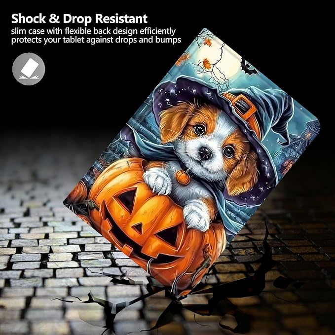 Case for Amazon Fire 7 Tablet 2019/2017 Release 9th/7th Generation PU Leather Smart Protective Cover with Auto Sleep/Wake for Fire 7 2019Dog Wearing Witch Hat Pumpkin