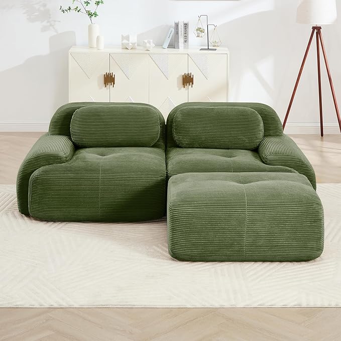 80" Modern Corduroy Boneless Love Seat Couches with 1 Ottoman, 2 Seater Large Sectional Couches for Living Room, Green Cloud Modular Sectional Sofa, Memory Foam, Extra Deep Loveseat, No Assembly
