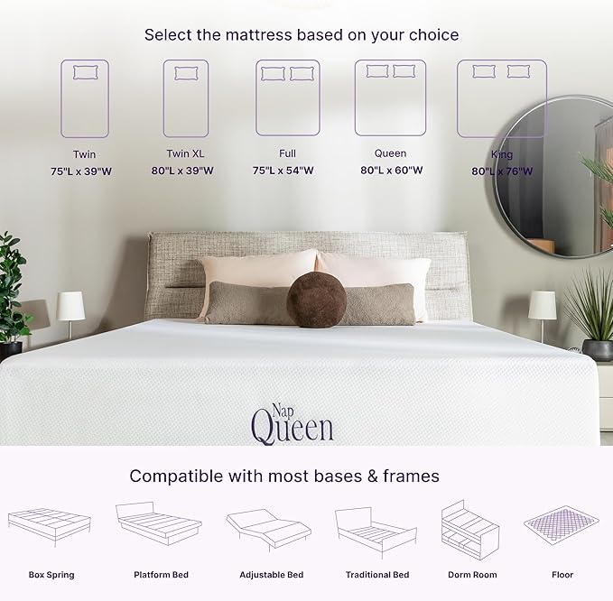 NapQueen 10 Inch Twin-XL Size Mattress, Bamboo Charcoal Memory Foam Mattress, Bed in a Box, White