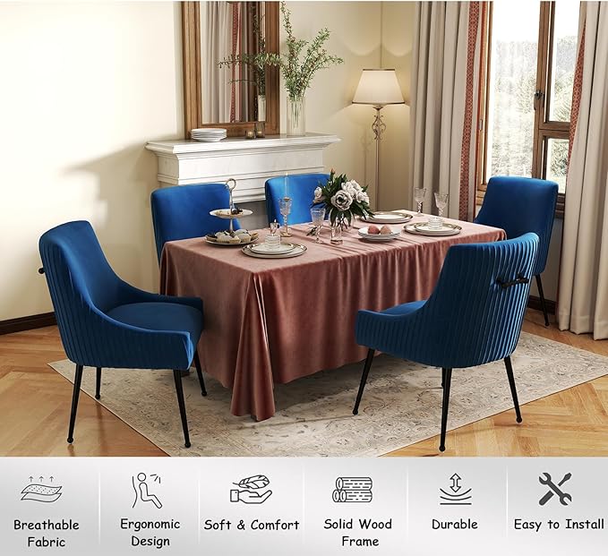 Velvet Dining Chairs Set of 2,Blue Upholstered Living Room Chairs with Black Metal Legs, Modern Tufted Accent Chairs for Living Room, Study Room, Kitchen