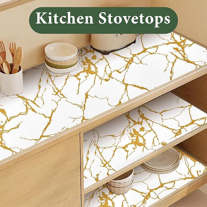 Drawer and Shelf Liner for Kitchen Cabinet Non Slip Waterproof Shelf Paper 12 in X 20 Ft Non Adhesive Refrigerator Liners Gold White Marble Easy Liners for Bathroom Cupboard