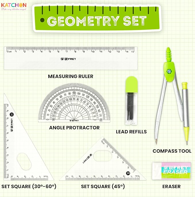 KatchOn, Geometry Set for Students - 8 Pieces | Metal Compass, Protractor, Eraser, Triangle Ruler, Lead Refills and Metal Box | Protractor and Compass Set | Back to School Supplies | Class Supplies