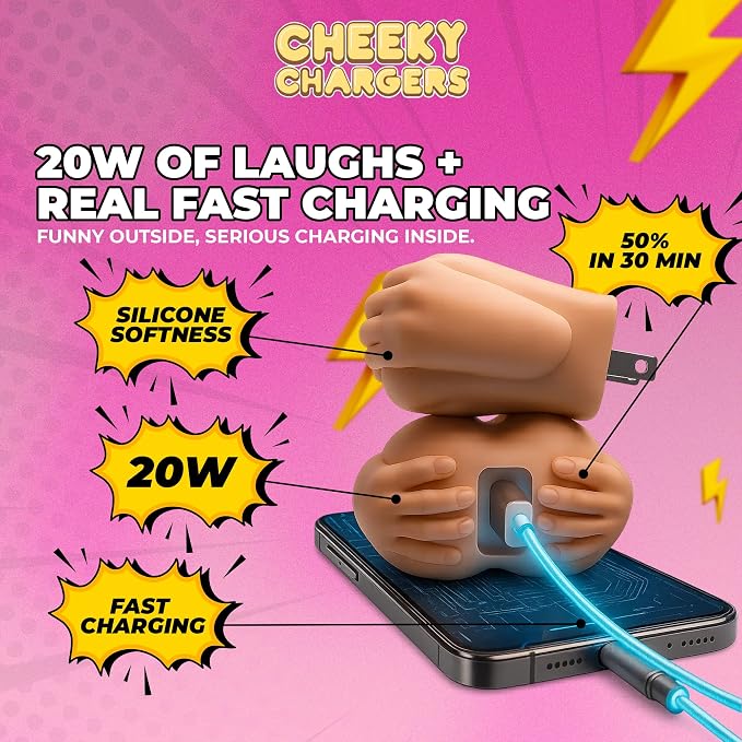 Butt-Shaped Wall Charger Block 20W Fast Charging Power Adapter Funny Gag Gift in Dark Skin Tone USB A