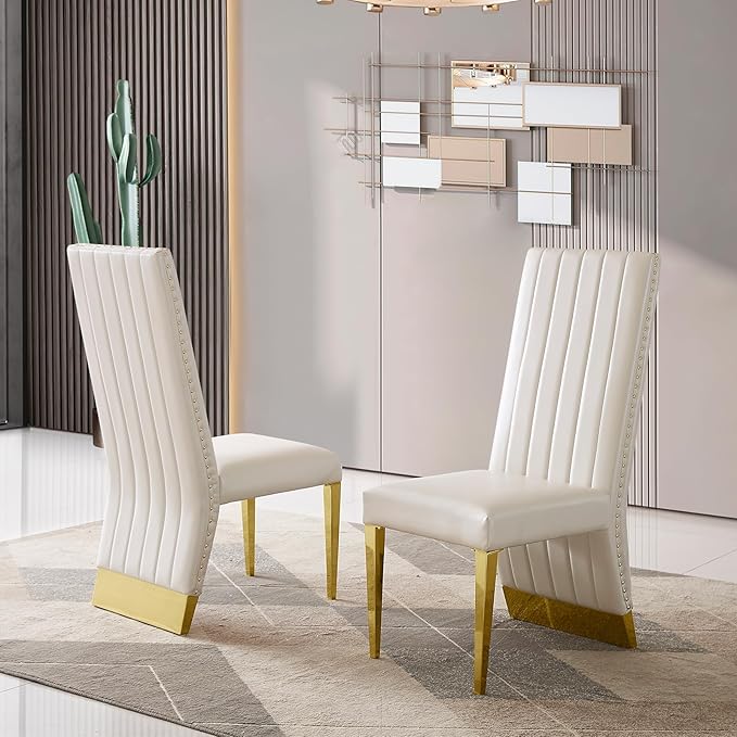 AUZ White Leather Dining Chairs Set of 6, Luxury White and Gold Upholstered Dining Room Chairs with Nailhead Trim, Modern Dining Chair with Polished Gold Metal Legs