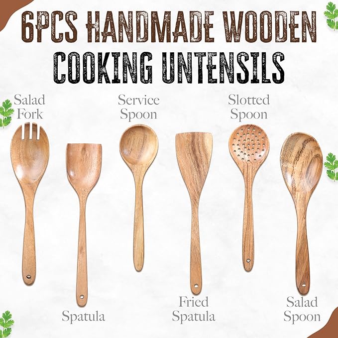 INTAJ Wooden Spoon Set for Cooking, 6-Piece Handmade Teak Kitchen Utensils