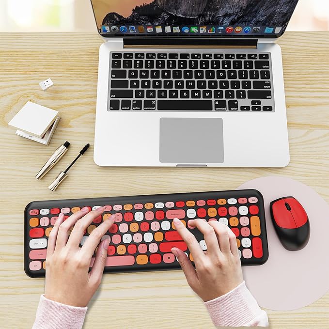 Wireless Keyboard and Mouse Combo, Colorful Ergonomic Full Size Retro Low-Noise Keyboard with Cute keycaps, Compatible with Windows, PC, Perfer for Home and Office Keyboards (Black)