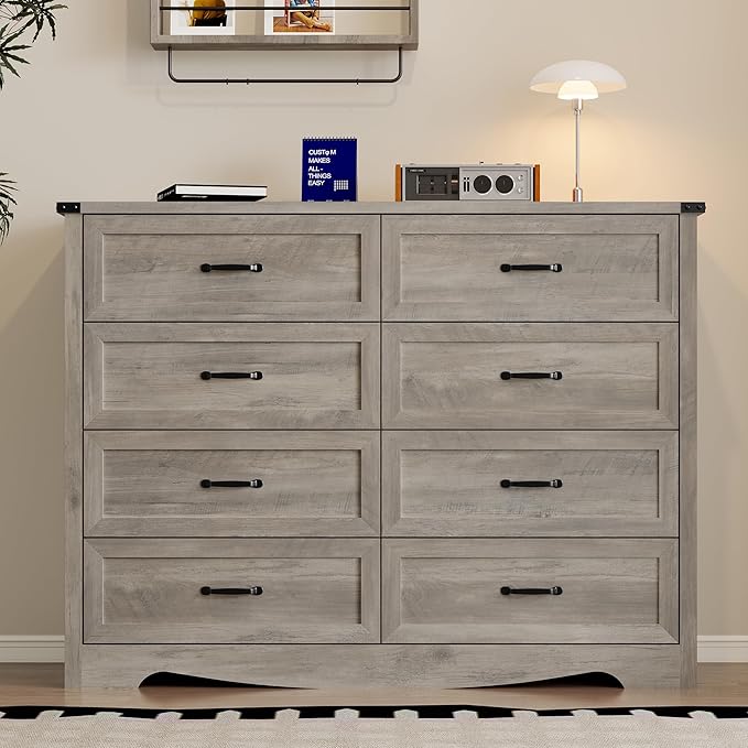 8-Drawer Dresser for Bedroom, Modern Wooden Chest of Drawers with Metal Handles, Anti-Tipping Design, Sturdy and Stable Storage Organizer for Living Room, Entryway, Home Office, Standard