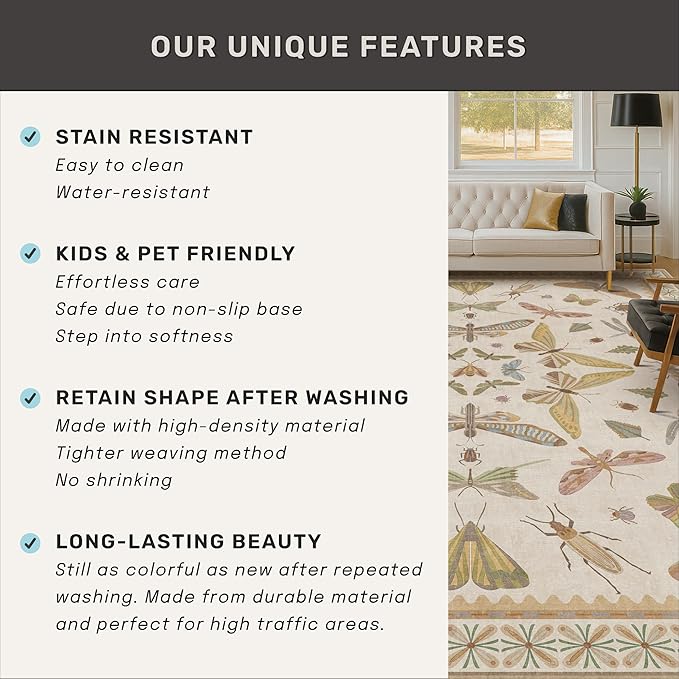 Large Western Rugs for Living Room - 10x14 Insect Area Rug for Dining Room Under Kitchen Table, Washable Low Pile Soft Boho Butterfly Decor