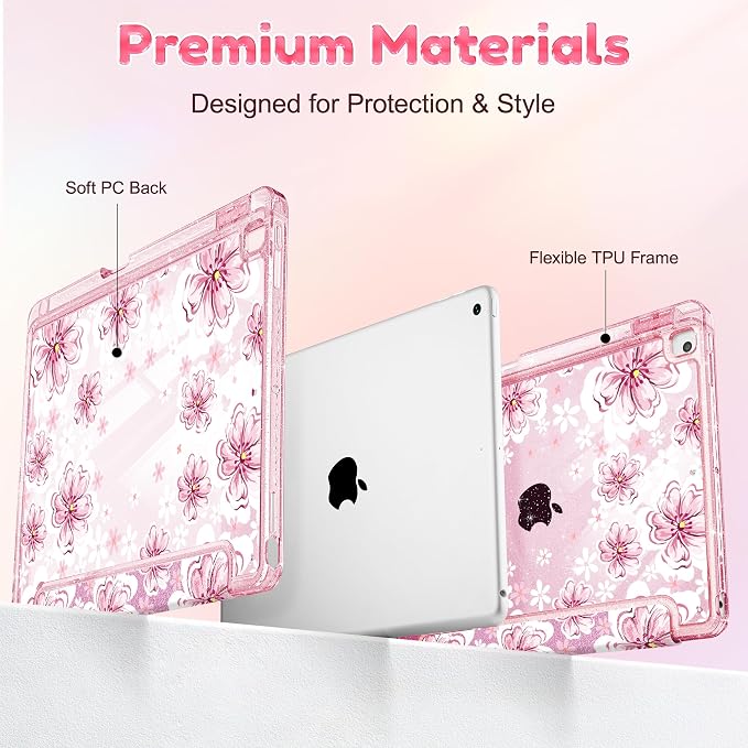 Mektron Sparkly Case for iPad 10.2 inch Glitter Tablet Cases for iPad 9th Gen 2021/8th Gen 2020/7th Gen 2019 Cover with Shiny Clear Back Shell Foldable Bling Smart Cover Blue Floral