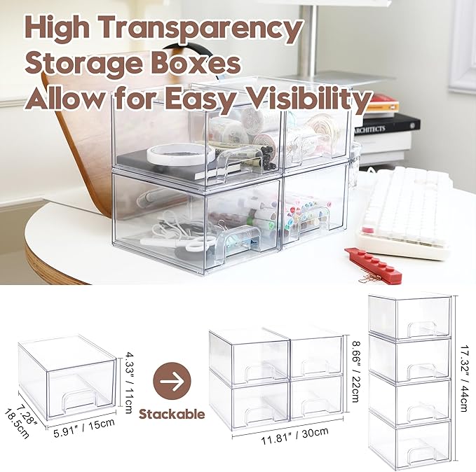 Sea Team 4-Pack Clear Makeup Organizer with Drawers, Acrylic Plastic Cosmetic Display Case, Jewelry Storage Box, Holder for Dresser, Bathroom, Vanity, Kitchen Cabinets, Pantry, Countertop