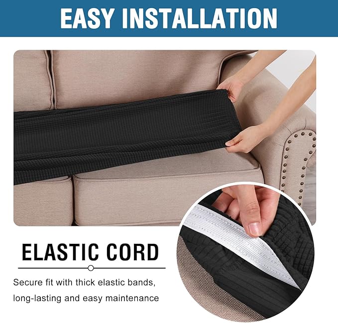 H.VERSAILTEX Super Stretch Individual Seat Cushion Covers Sofa Covers Couch Cushion Covers Slipcover Sets Thick Jacquard Textured Twill Fabric (1 Piece Loveseat Cushion Cover, Black)
