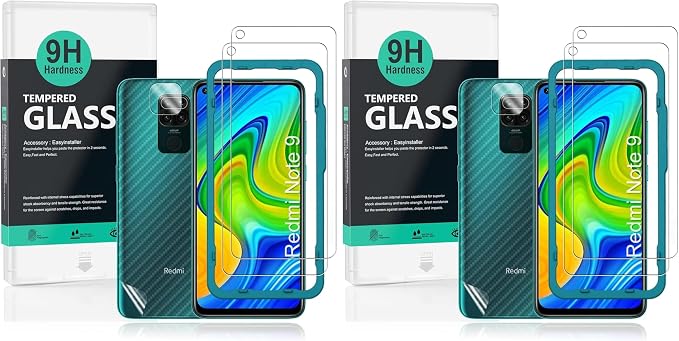 Ibywind Screen Protector For Redmi Note 9with 2Pcs Tempered Glass1Pc Camera Lens Protector1Pc Backing Carbon Fiber Film [Fingerprint ReaderEasy to install]