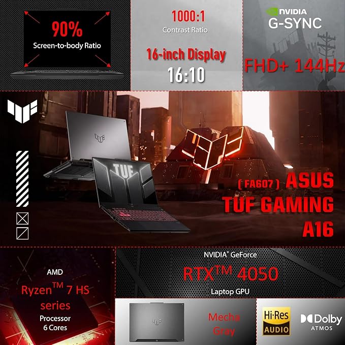 ASUS TUF Gaming A16 Laptop, 16”FHD + 144Hz Gaming Laptop, AMD Ryzen 7-7445HS, NVIDIA GeForce RTX 4050, 16 GB DDR5, 1 TB SSD, BK, Gray, Windows 11 Home, TWE Laptop Foldable Stand