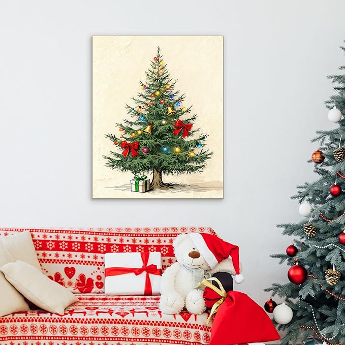 Framed Christmas Pictures Wall Decor,Vintage Pine Tree Prints,Winter Christmas Canvas Wall Art Decoration for Bedroom Bathroom Living Room Rustic Xmas Holiday Gifts (Christmas Tree 9, 24'' X 36'')