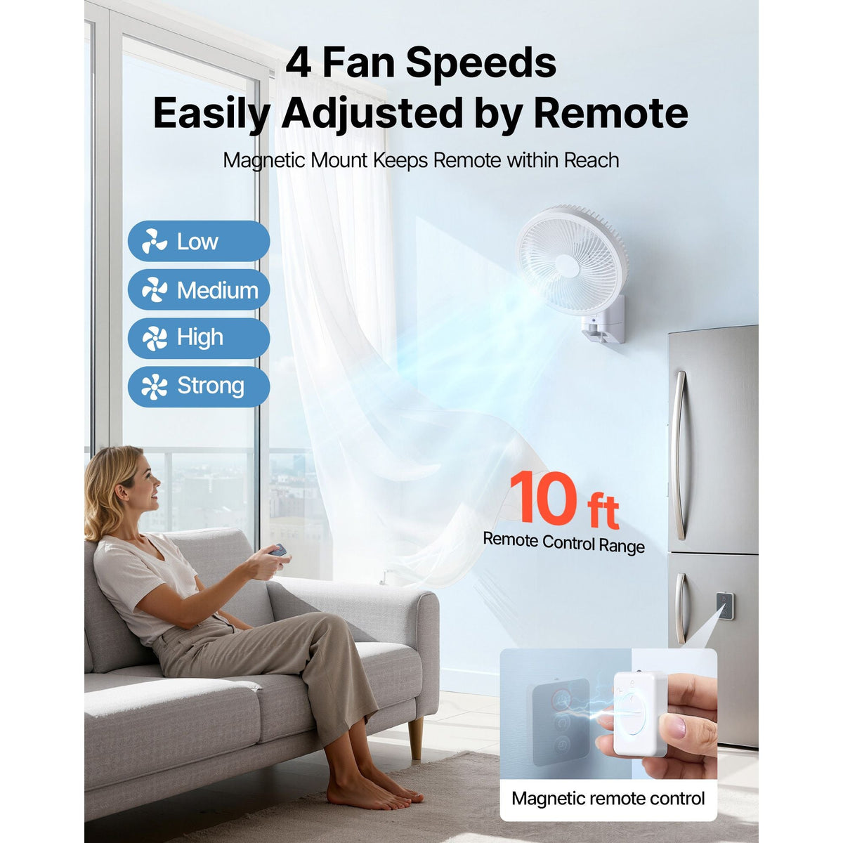 8.5 in Wall Mount Fan, Oscillating Hanging Fan with Remote Control, 10 ft Powerful Airflow, DC Motor, 4 Speeds & Timer, Auto 90° Horizontal & Manual Vertical Tilt, Ideal for Home, Office, RV