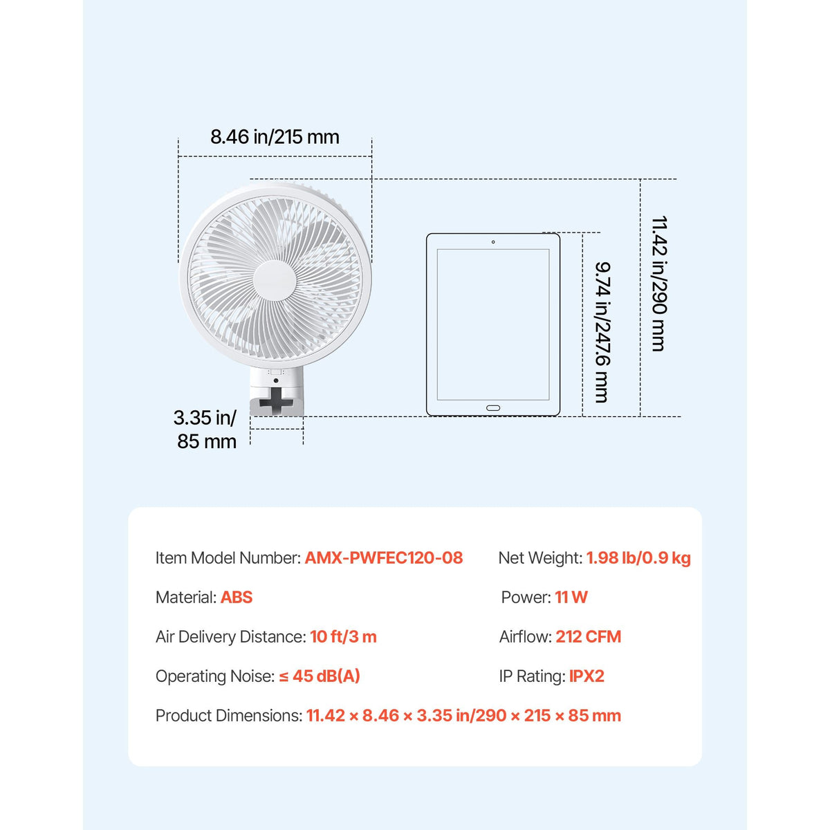 8.5 in Wall Mount Fan, Oscillating Hanging Fan with Remote Control, 10 ft Powerful Airflow, DC Motor, 4 Speeds & Timer, Auto 90° Horizontal & Manual Vertical Tilt, Ideal for Home, Office, RV