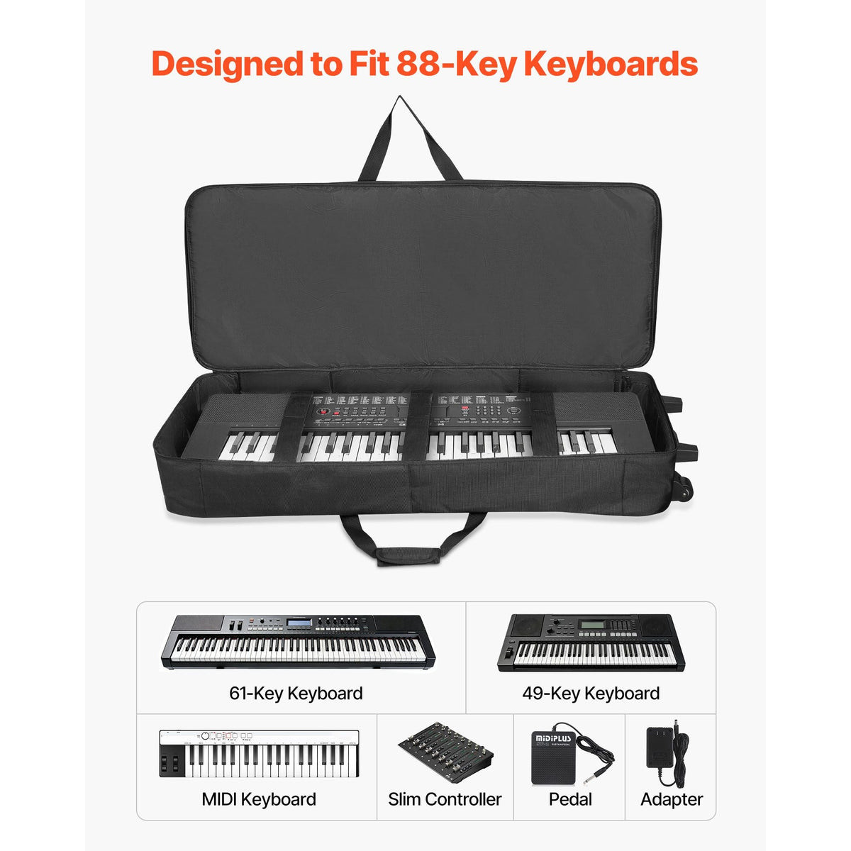 88 Key Keyboard Case, 40.9 x 16.9 x 5.1 in Interior, Padded Rolling Piano Case with Wheels, Sturdy Handle, 3-Pocket Storage, Gig Bag with Smooth Wheels, for 88 Note Keyboards and Electric Pianos