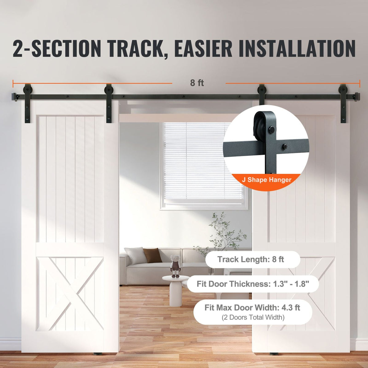 8FT Sliding Barn Door Hardware Kit, 330LBS Heavy Duty Barn Door Track Kit for Double Doors, Fit 3.7-4.3FT Total Wide and 1.3"-1.8" Thick 2 Door Panel, with Smooth & Silent Pulley (J Shape)