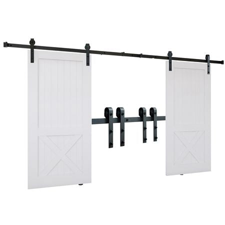 8FT Sliding Barn Door Hardware Kit, 330LBS Heavy Duty Barn Door Track Kit for Double Doors, Fit 3.7-4.3FT Total Wide and 1.3"-1.8" Thick 2 Door Panel, with Smooth & Silent Pulley (J Shape)