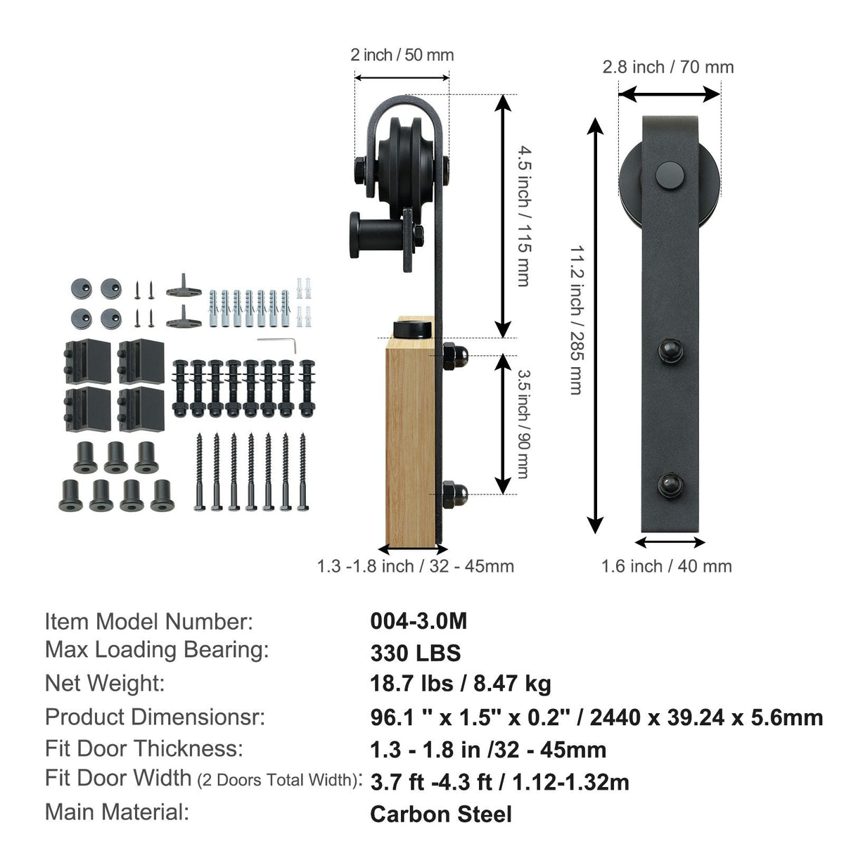 8FT Sliding Barn Door Hardware Kit, 330LBS Heavy Duty Barn Door Track Kit for Double Doors, Fit 3.7-4.3FT Total Wide and 1.3"-1.8" Thick 2 Door Panel, with Smooth & Silent Pulley (J Shape)