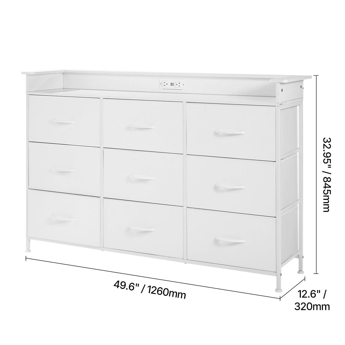 9 Drawer Dresser, Tall Drawer Dresser with Fabric Bin, Closet Storage Drawers with Sturdy Metal Frame, LED Lights & Built-in Outlet, Fabric Storage Tower for Bedroom, Hallway, Closet, White