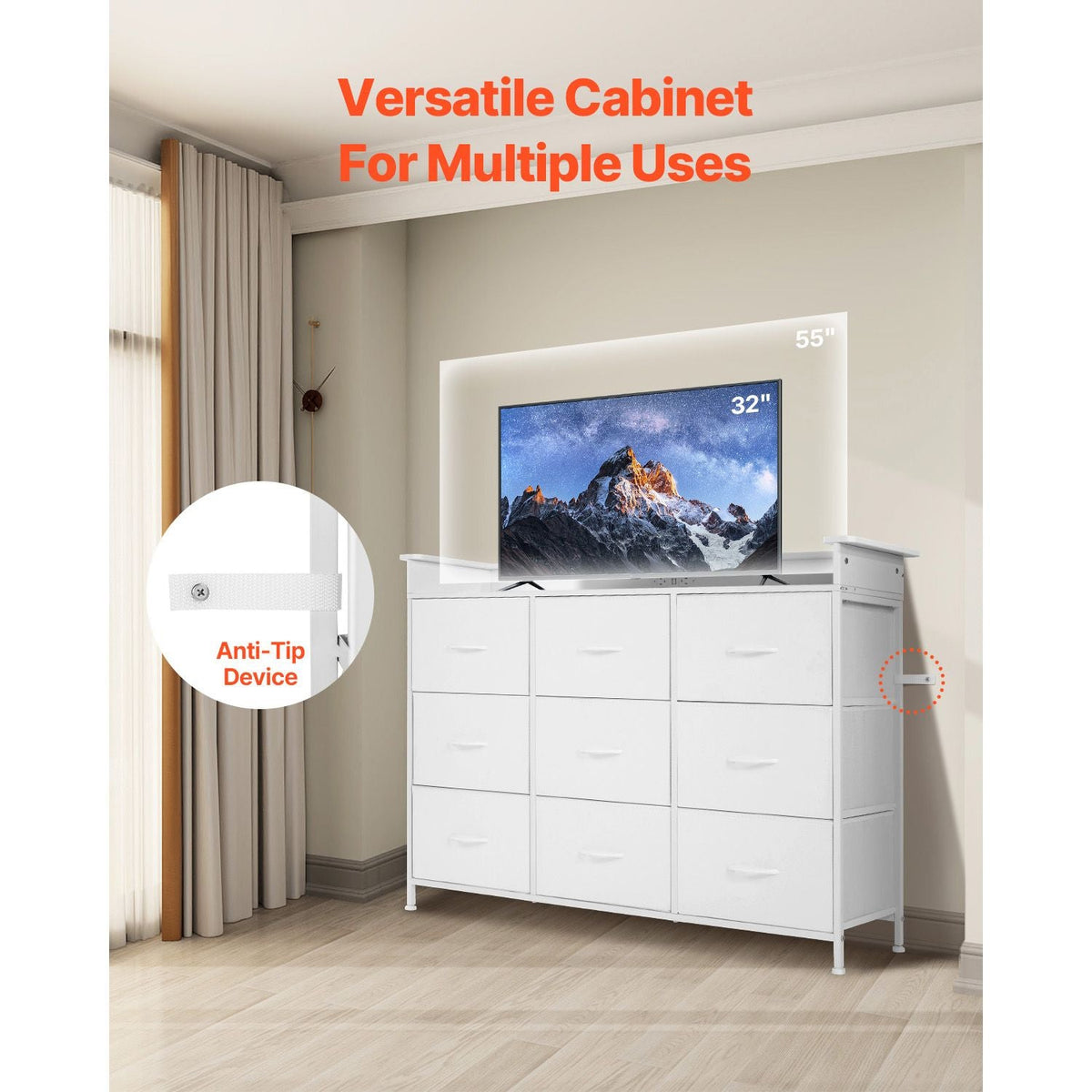 9 Drawer Dresser, Tall Drawer Dresser with Fabric Bin, Closet Storage Drawers with Sturdy Metal Frame, LED Lights & Built-in Outlet, Fabric Storage Tower for Bedroom, Hallway, Closet, White