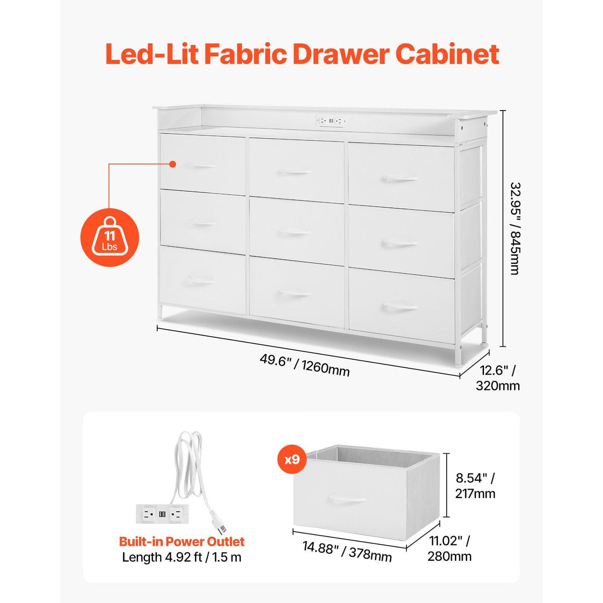 9 Drawer Dresser, Tall Drawer Dresser with Fabric Bin, Closet Storage Drawers with Sturdy Metal Frame, LED Lights & Built-in Outlet, Fabric Storage Tower for Bedroom, Hallway, Closet, White